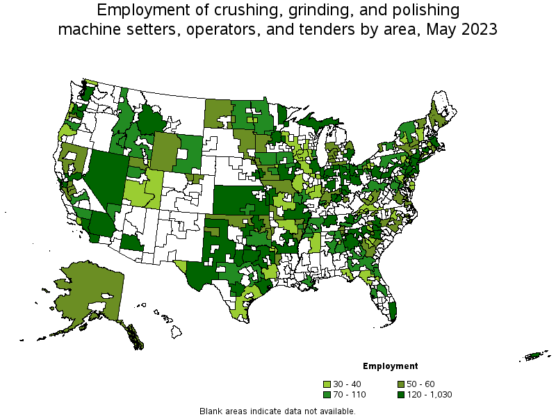 Map of employment of crushing, grinding, and polishing machine setters, operators, and tenders by area, May 2023