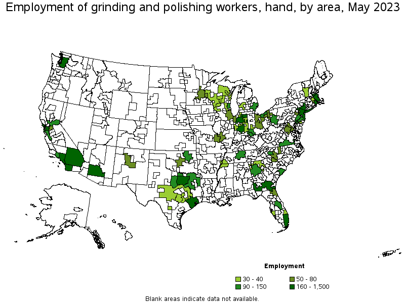 Map of employment of grinding and polishing workers, hand by area, May 2023