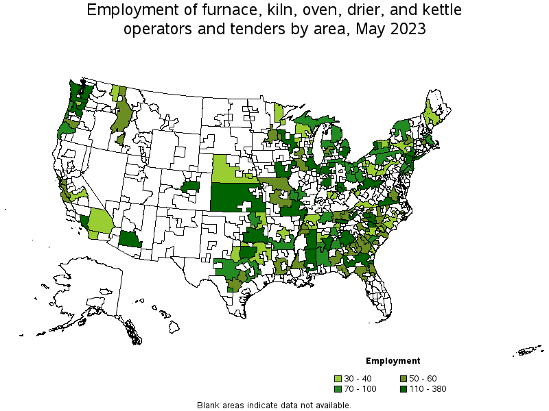 Map of employment of furnace, kiln, oven, drier, and kettle operators and tenders by area, May 2023