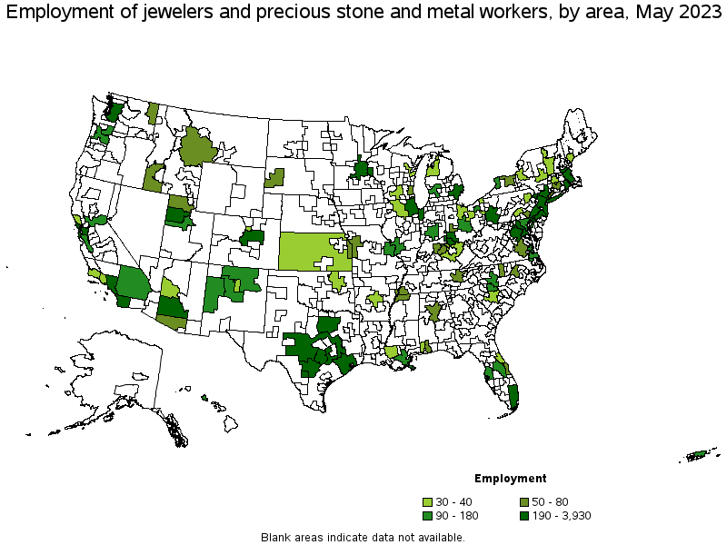 Map of employment of jewelers and precious stone and metal workers by area, May 2023