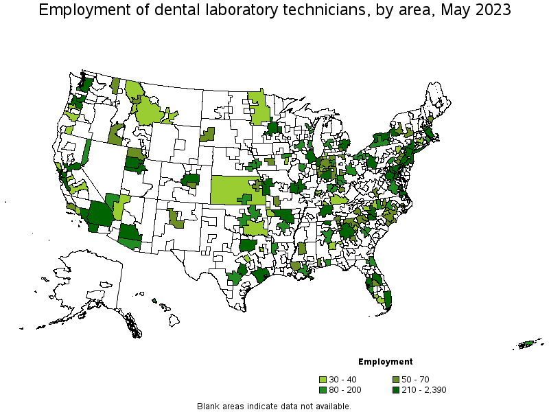Map of employment of dental laboratory technicians by area, May 2023