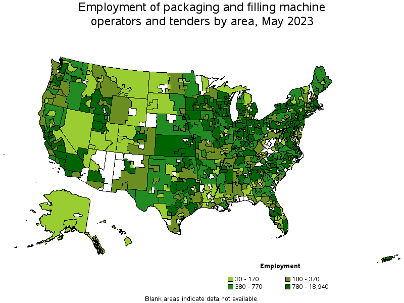 Map of employment of packaging and filling machine operators and tenders by area, May 2023