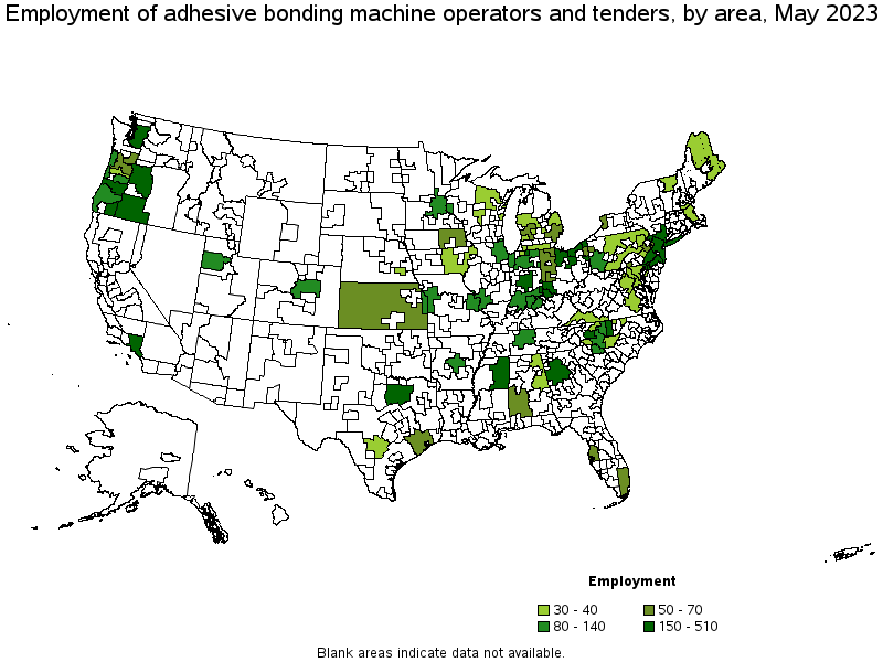 Map of employment of adhesive bonding machine operators and tenders by area, May 2023