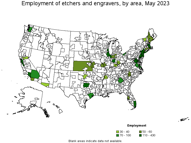 Map of employment of etchers and engravers by area, May 2023