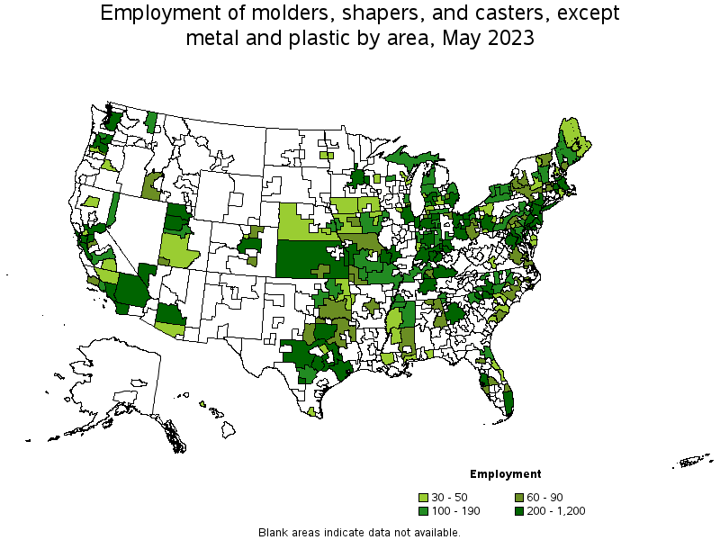 Map of employment of molders, shapers, and casters, except metal and plastic by area, May 2023