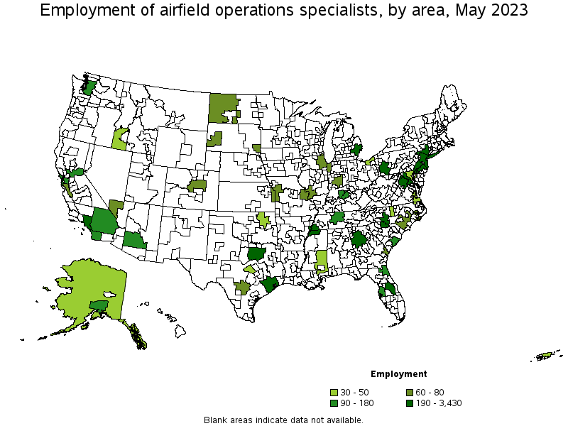 Map of employment of airfield operations specialists by area, May 2023