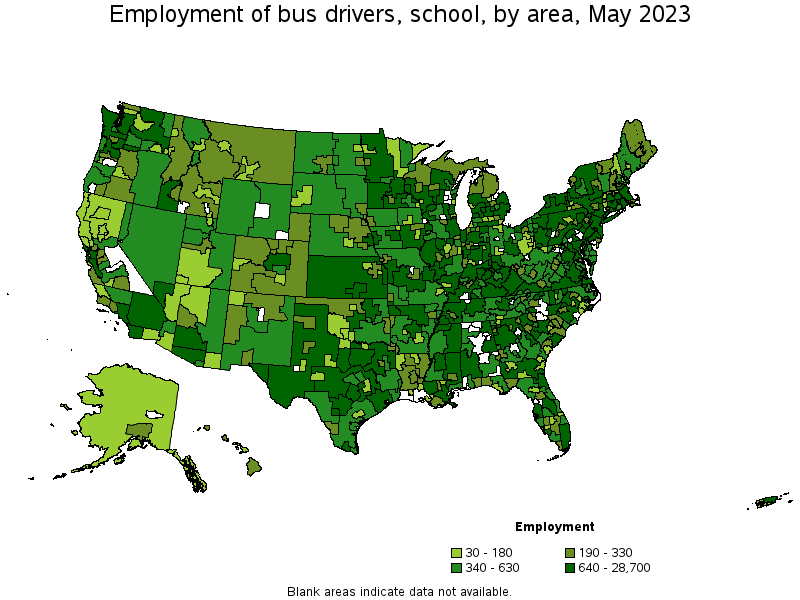 Map of employment of bus drivers, school by area, May 2023