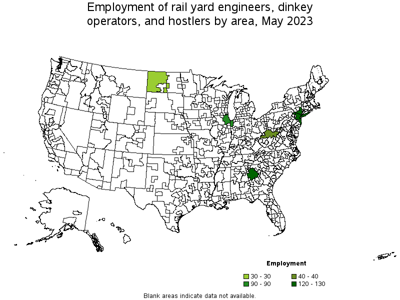 Map of employment of rail yard engineers, dinkey operators, and hostlers by area, May 2023