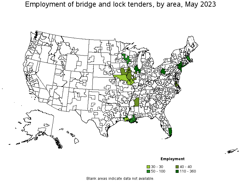Map of employment of bridge and lock tenders by area, May 2023