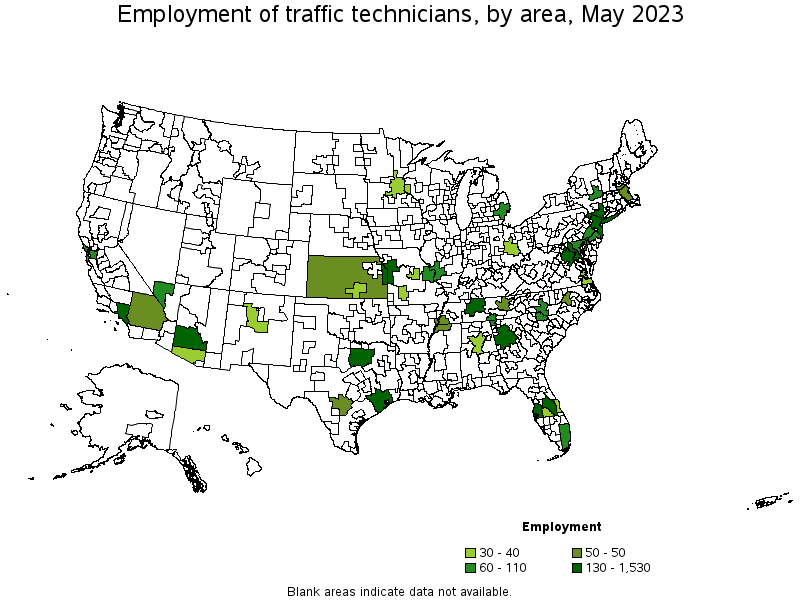 Map of employment of traffic technicians by area, May 2023