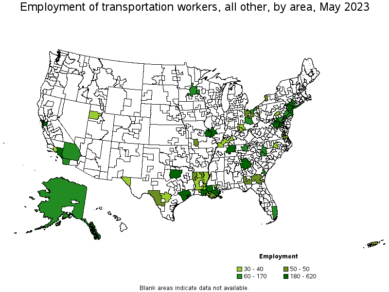 Map of employment of transportation workers, all other by area, May 2023