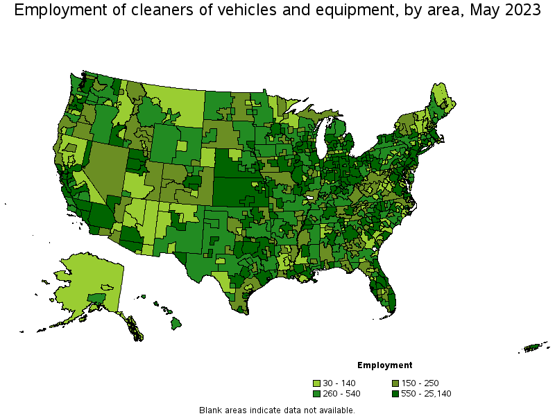 Map of employment of cleaners of vehicles and equipment by area, May 2023