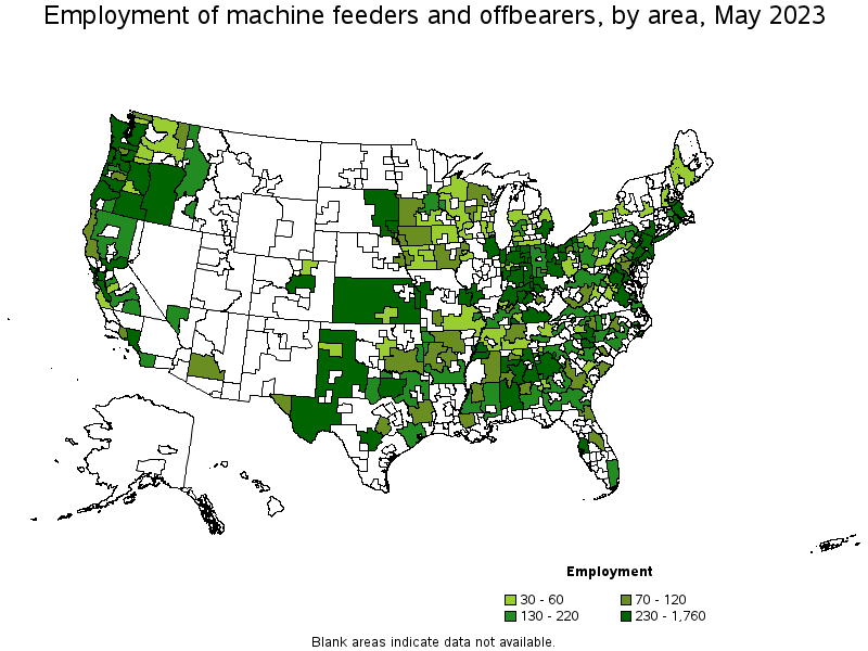 Map of employment of machine feeders and offbearers by area, May 2023
