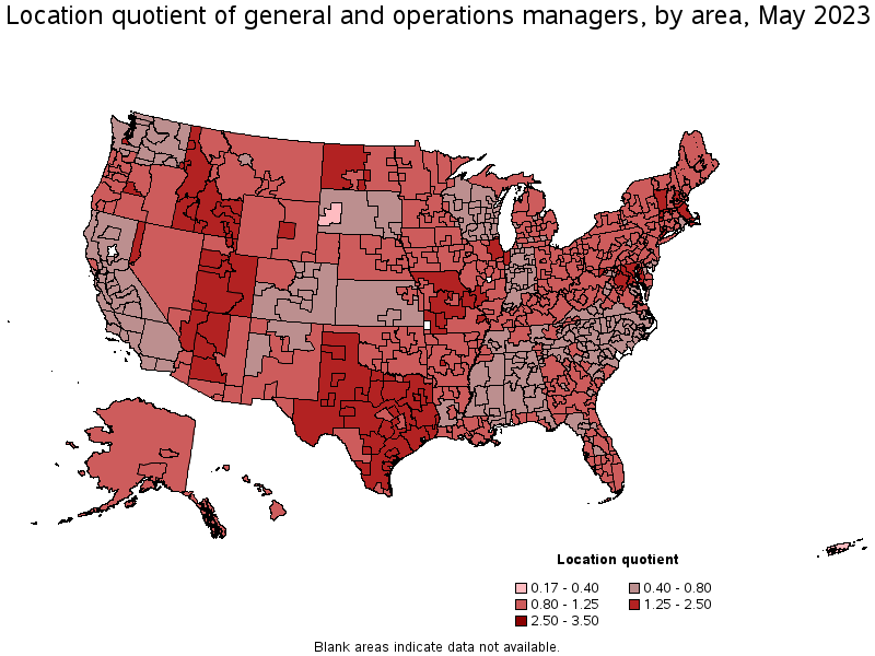 Map of location quotient of general and operations managers by area, May 2023