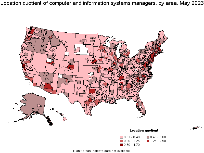 Map of location quotient of computer and information systems managers by area, May 2023