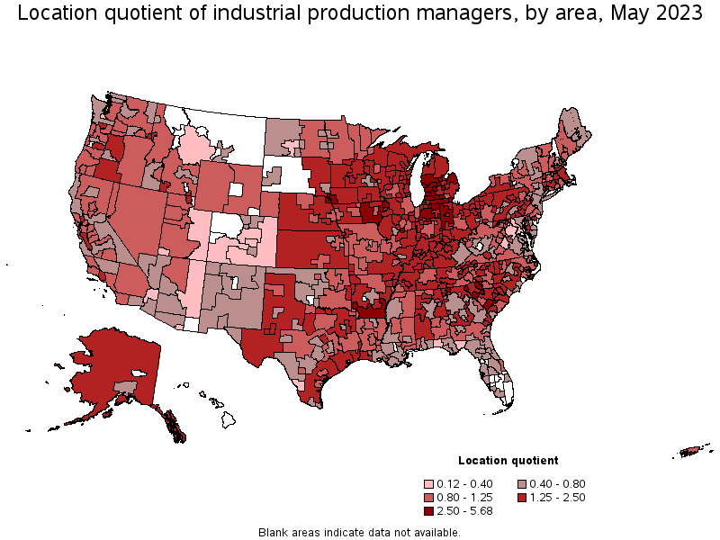 Map of location quotient of industrial production managers by area, May 2023