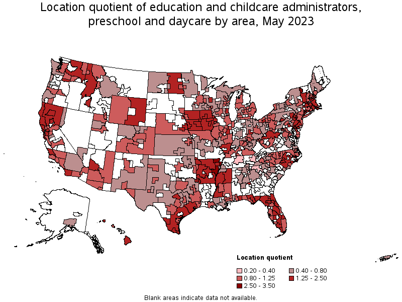 Map of location quotient of education and childcare administrators, preschool and daycare by area, May 2023