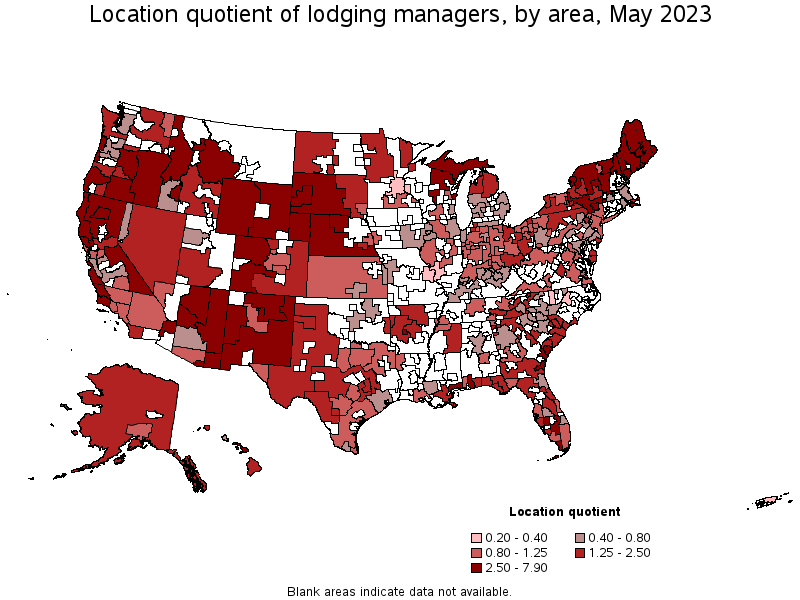 Map of location quotient of lodging managers by area, May 2023