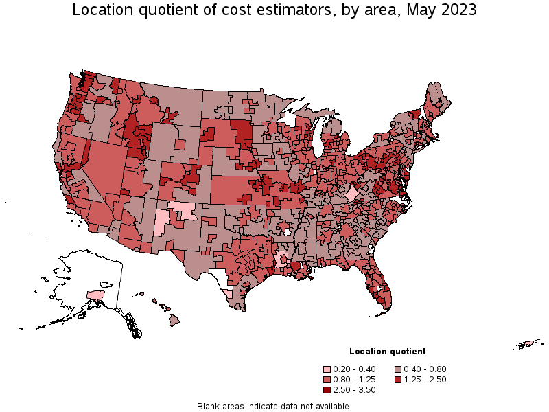 Map of location quotient of cost estimators by area, May 2023