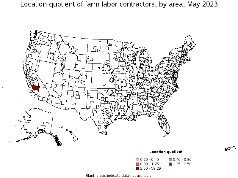 Map of location quotient of farm labor contractors by area, May 2023