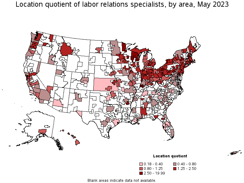 Map of location quotient of labor relations specialists by area, May 2023