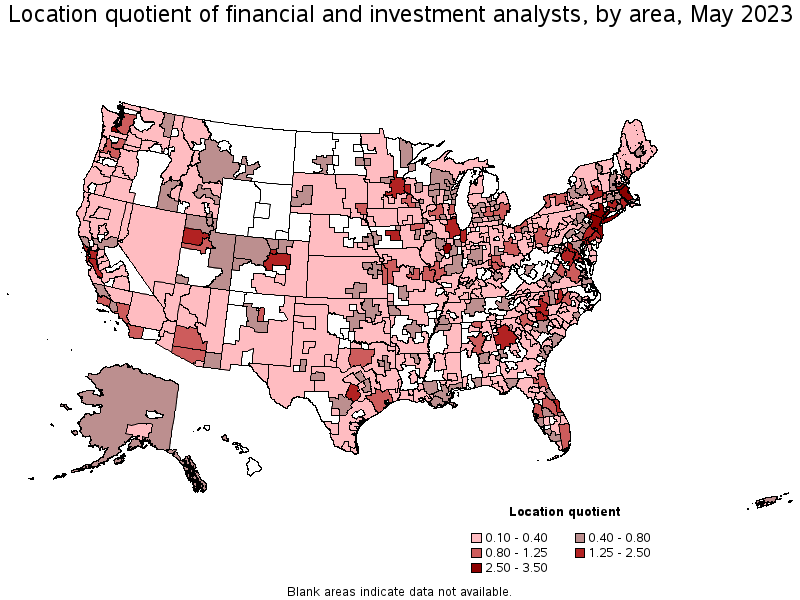 Map of location quotient of financial and investment analysts by area, May 2023