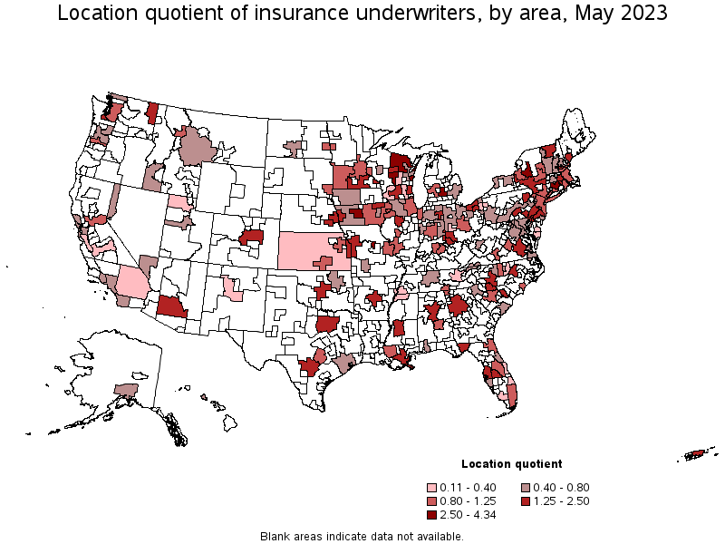 Map of location quotient of insurance underwriters by area, May 2023