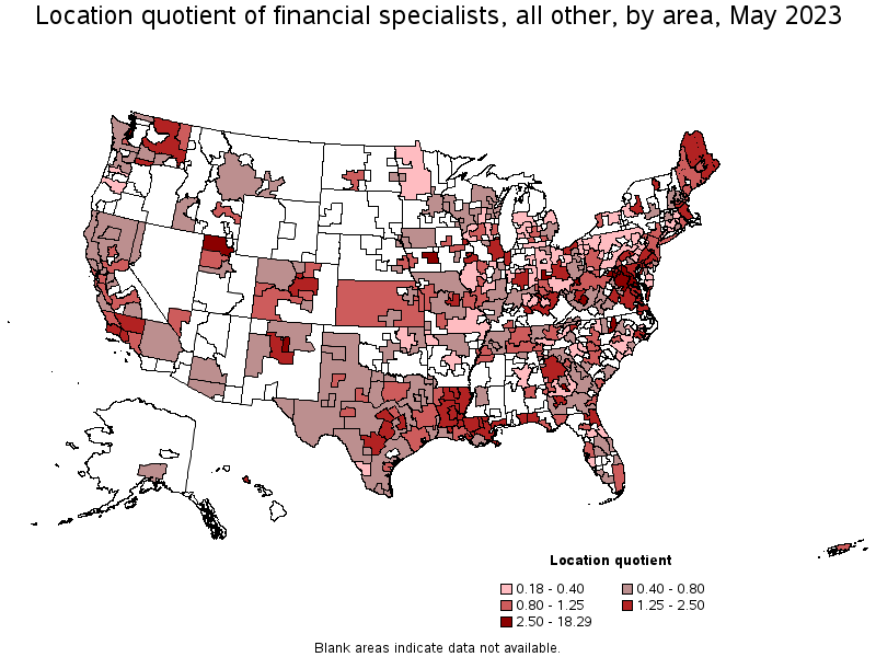 Map of location quotient of financial specialists, all other by area, May 2023