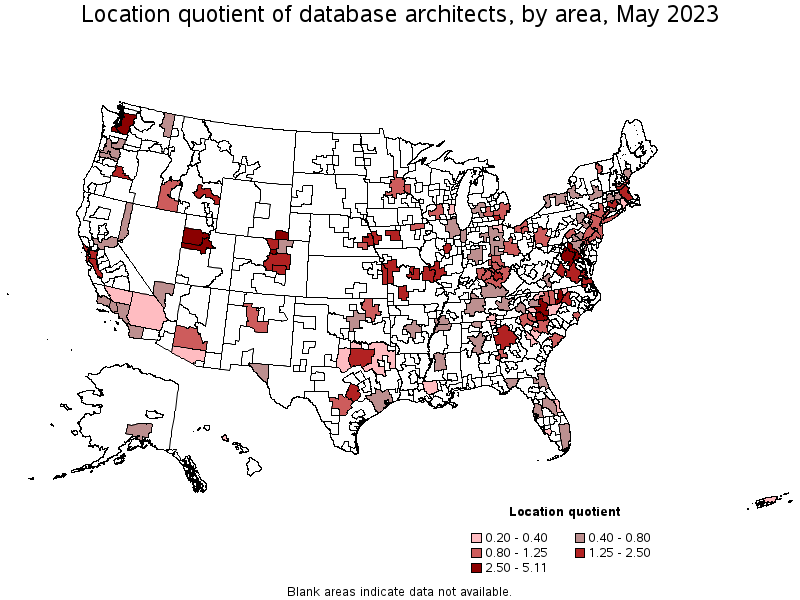 Map of location quotient of database architects by area, May 2023