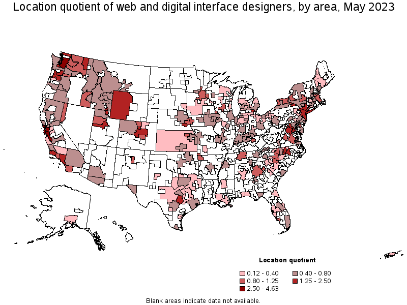 Map of location quotient of web and digital interface designers by area, May 2023