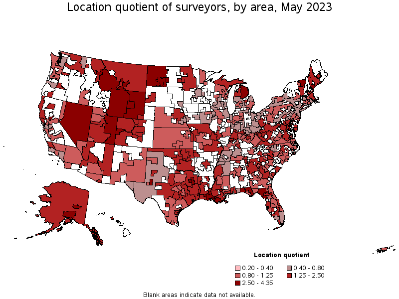 Map of location quotient of surveyors by area, May 2023