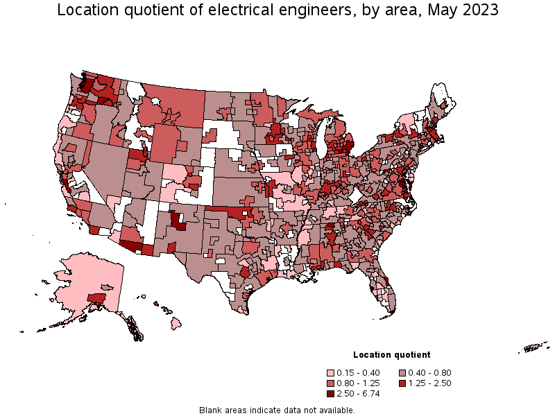 Map of location quotient of electrical engineers by area, May 2023