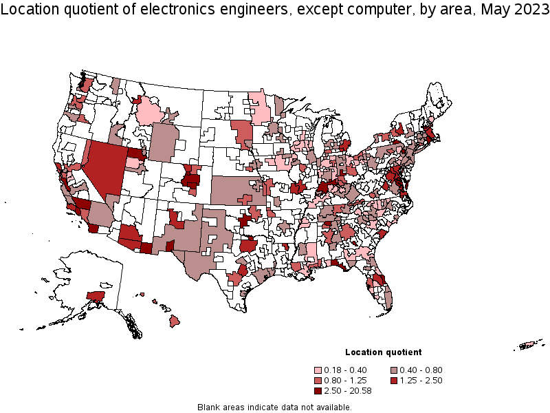 Map of location quotient of electronics engineers, except computer by area, May 2023