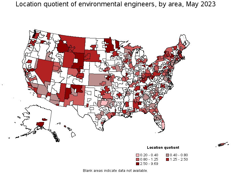 Map of location quotient of environmental engineers by area, May 2023
