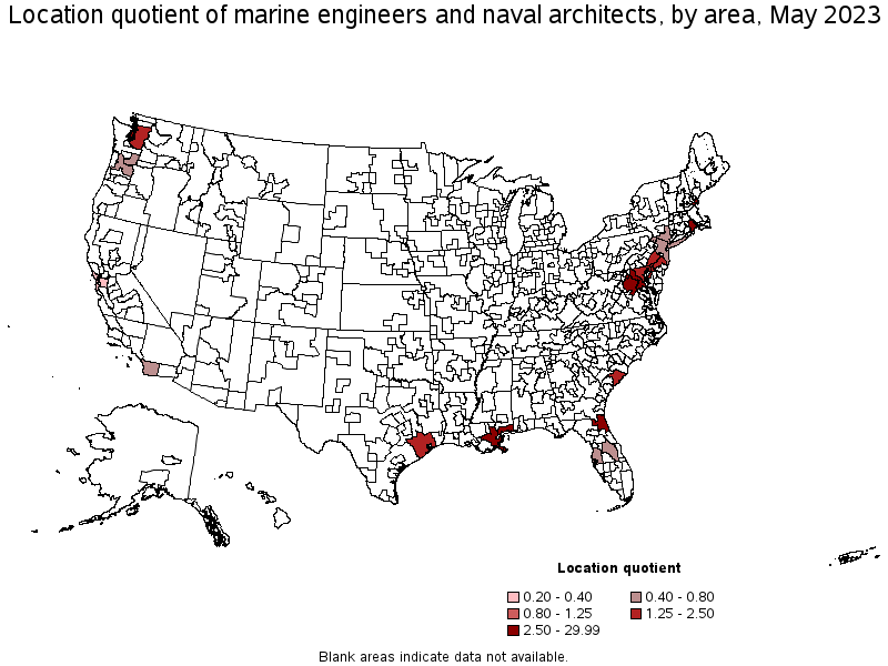 Map of location quotient of marine engineers and naval architects by area, May 2023
