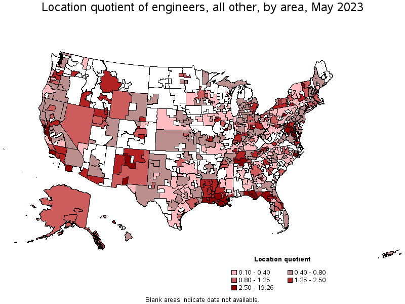 Map of location quotient of engineers, all other by area, May 2023