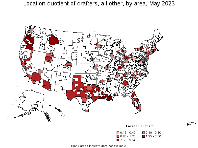 Map of location quotient of drafters, all other by area, May 2023