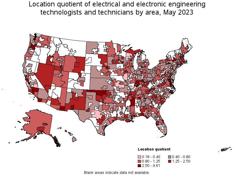 Map of location quotient of electrical and electronic engineering technologists and technicians by area, May 2023