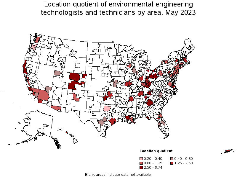 Map of location quotient of environmental engineering technologists and technicians by area, May 2023