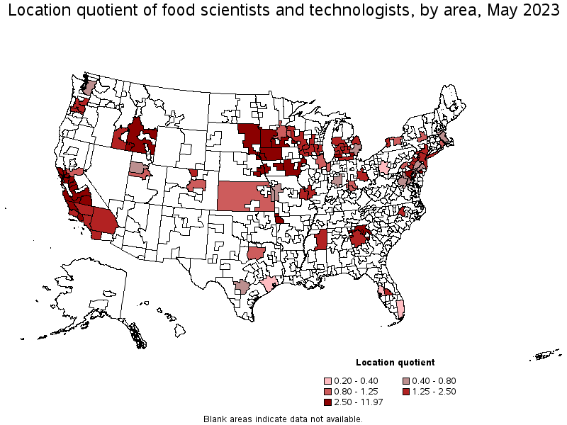 Map of location quotient of food scientists and technologists by area, May 2023
