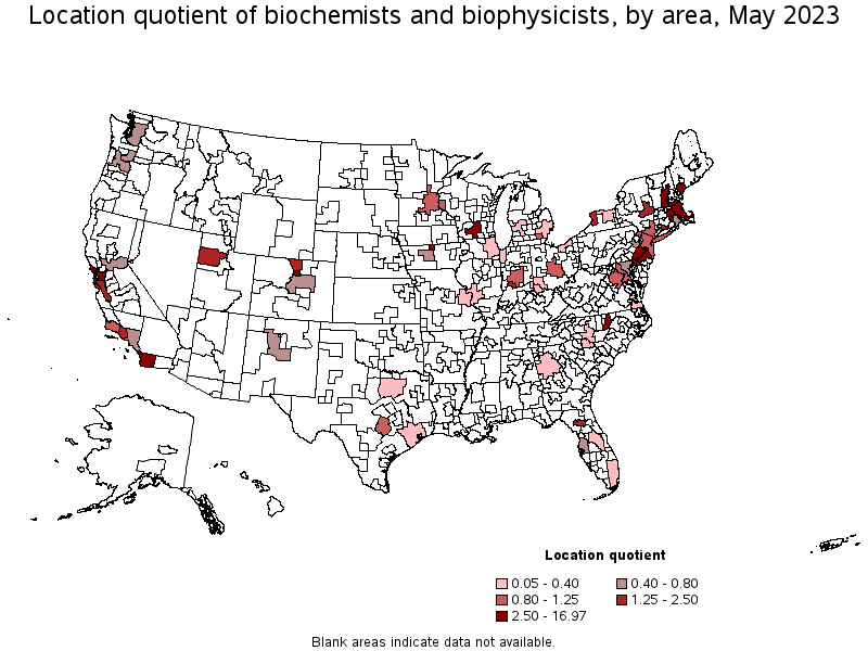 Map of location quotient of biochemists and biophysicists by area, May 2023