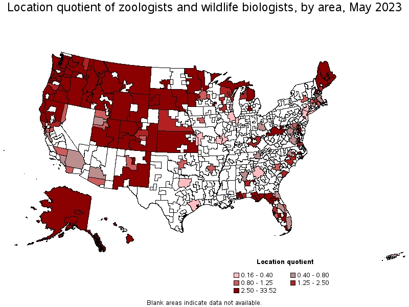 Map of location quotient of zoologists and wildlife biologists by area, May 2023