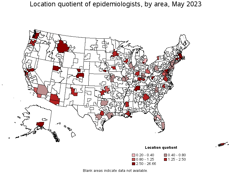 Map of location quotient of epidemiologists by area, May 2023