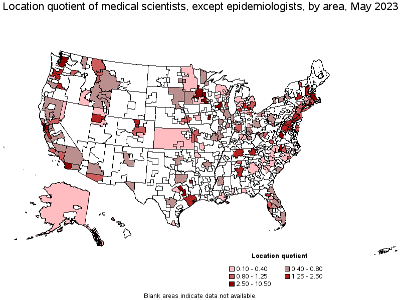 Map of location quotient of medical scientists, except epidemiologists by area, May 2023