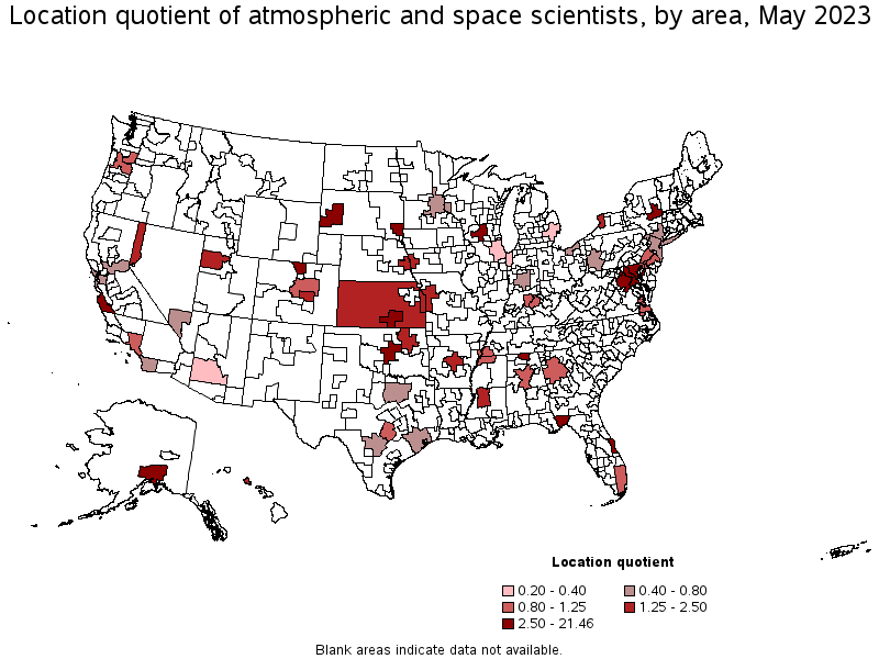 Map of location quotient of atmospheric and space scientists by area, May 2023