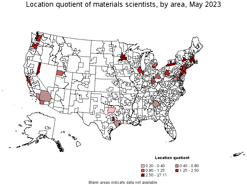 Map of location quotient of materials scientists by area, May 2023