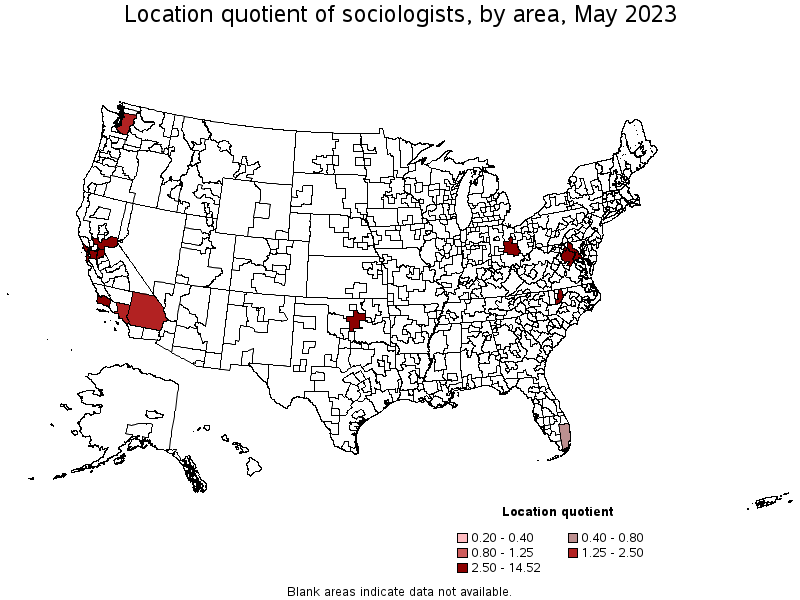 Map of location quotient of sociologists by area, May 2023