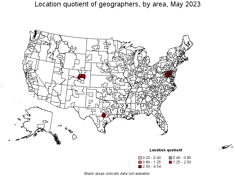 Map of location quotient of geographers by area, May 2023