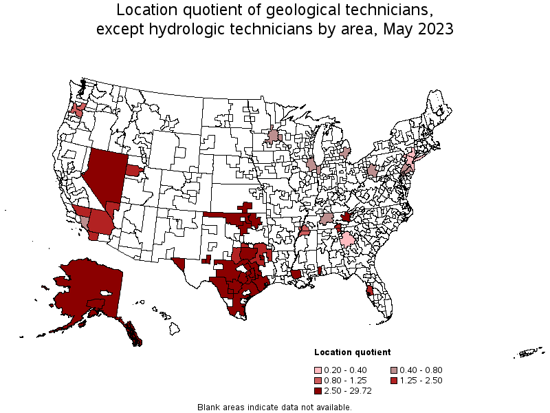 Map of location quotient of geological technicians, except hydrologic technicians by area, May 2023
