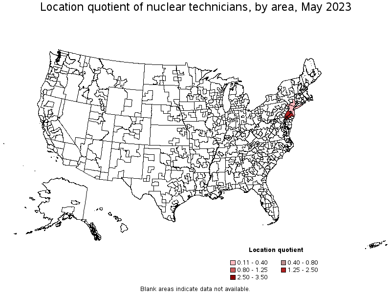 Map of location quotient of nuclear technicians by area, May 2023